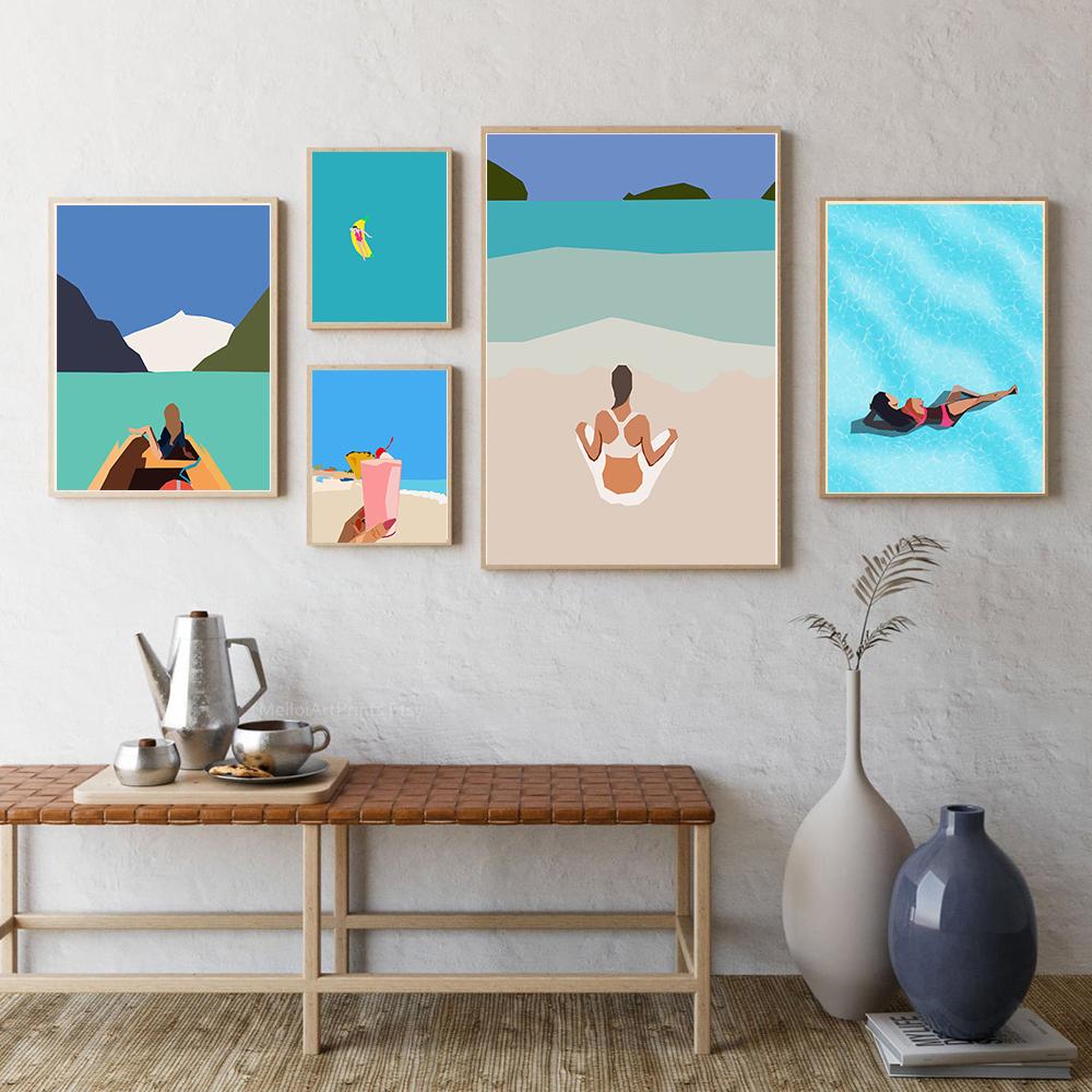 Arte de parede para festa na piscina de verão, impressão minimalista, imagem de viagem, pintura em tela de garota de spa, pôster nódico, decoração de sala de estar