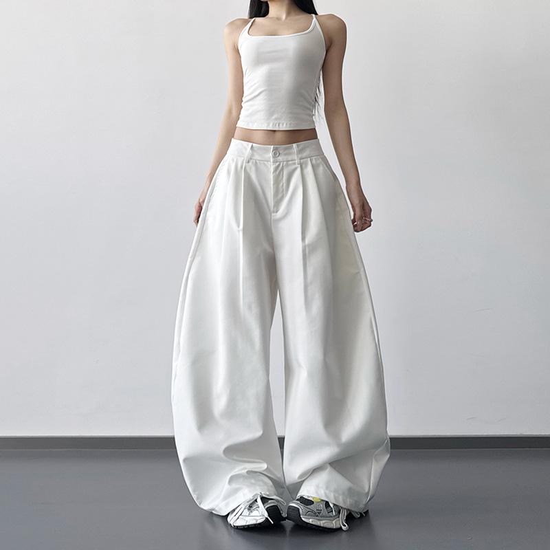 2026 Women's Spring High-Waisted Grey Wide-Leg Suit Pants - Loose, Slimming, Long, Drapey Casual Fit