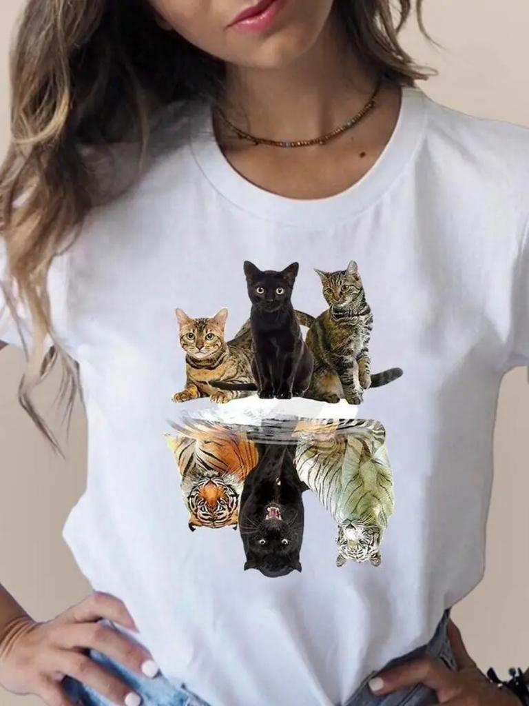 Summer Plus Size Print T Fashion 3D Cat Lovely Trend Cute Women's Clothing Short Sleeve Clothes Summer T-shirts Ladies Graphic Tee