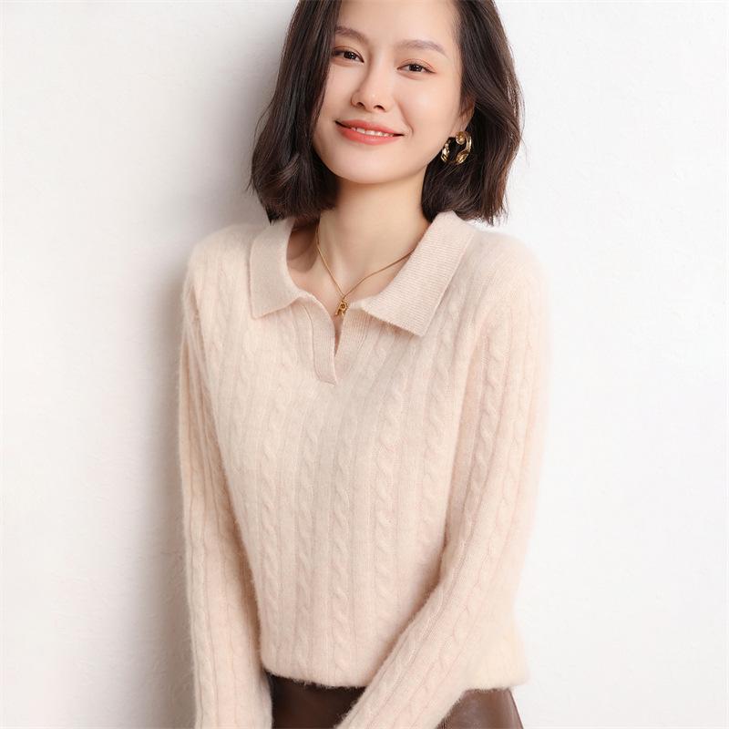 Women's Cable Knit Cashmere Polo Collar Sweater with Lapel and Long Sleeves