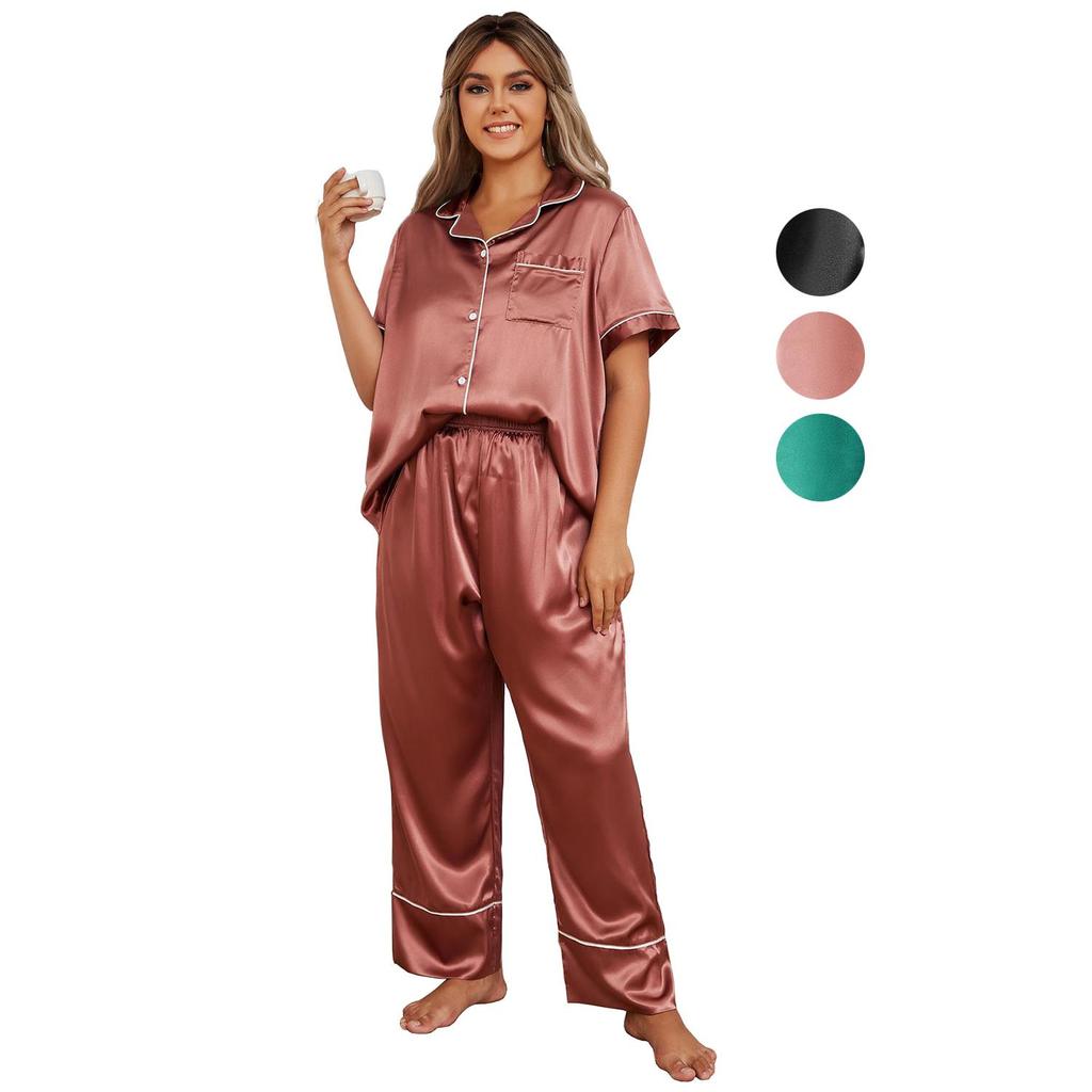 Schlafanzüge für Damen in Übergröße, Hemd- und Hosenset aus Kunstseide, Satin, große Größe, Pyjama, Frühlings- und Sommerkleidung, Nachtwäsche, Freizeitkleidung für zu Hause