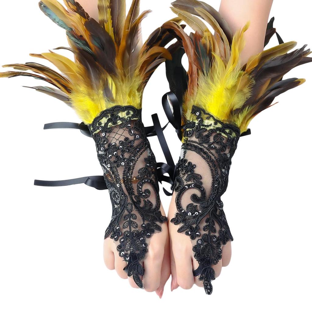 Cross-Border Halloween Feather Fingerless Gloves with Black Lace Bracelet Accessories