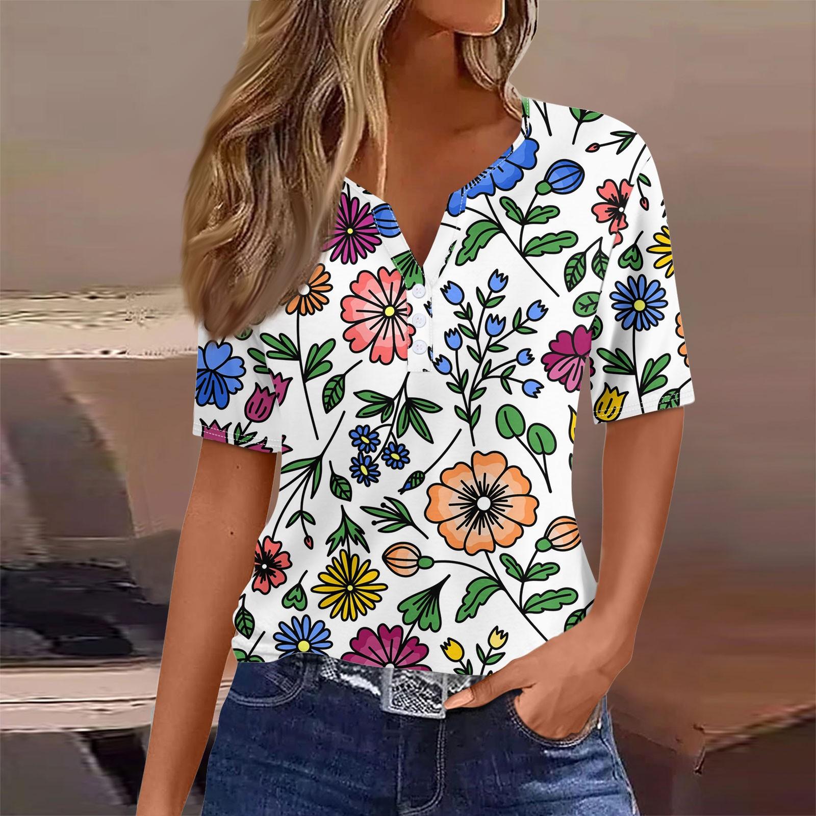 

Жіноча футболка з принтом на ґудзиках, з коротким рукавом, щоденна мода на вихідні, базовий V-подібний виріз, звичайний топ XXL фіолетовий