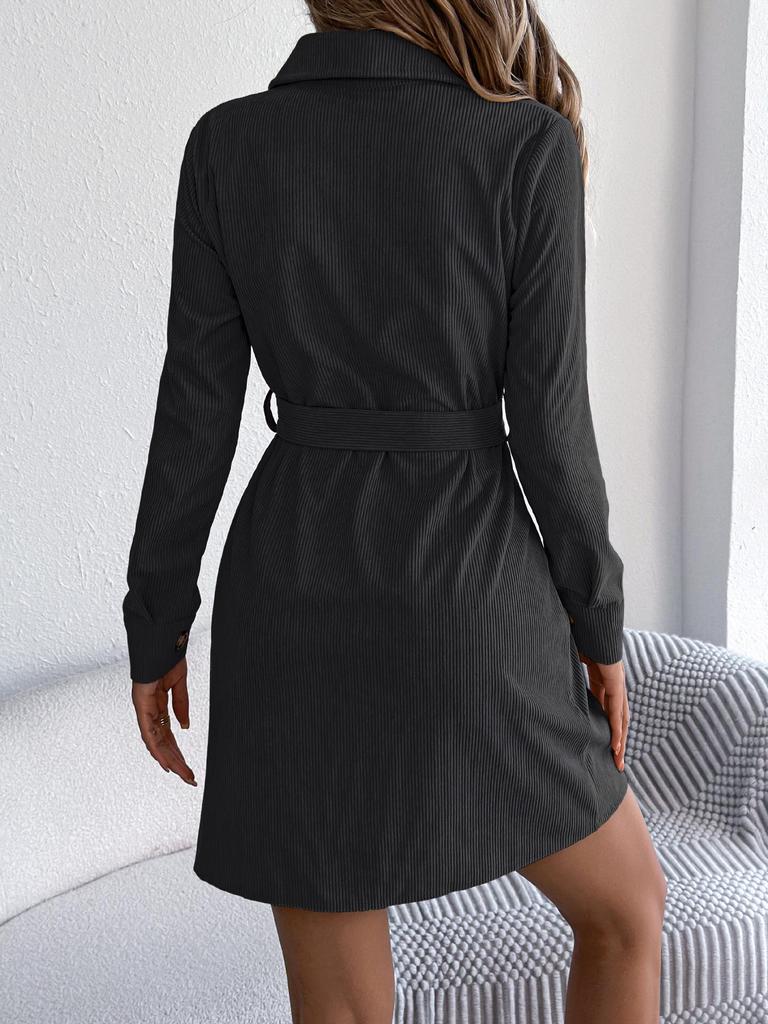 Women's Casual Solid Color Corduroy Shirt Dress with Belt - Long-Sleeve, Single-Breasted