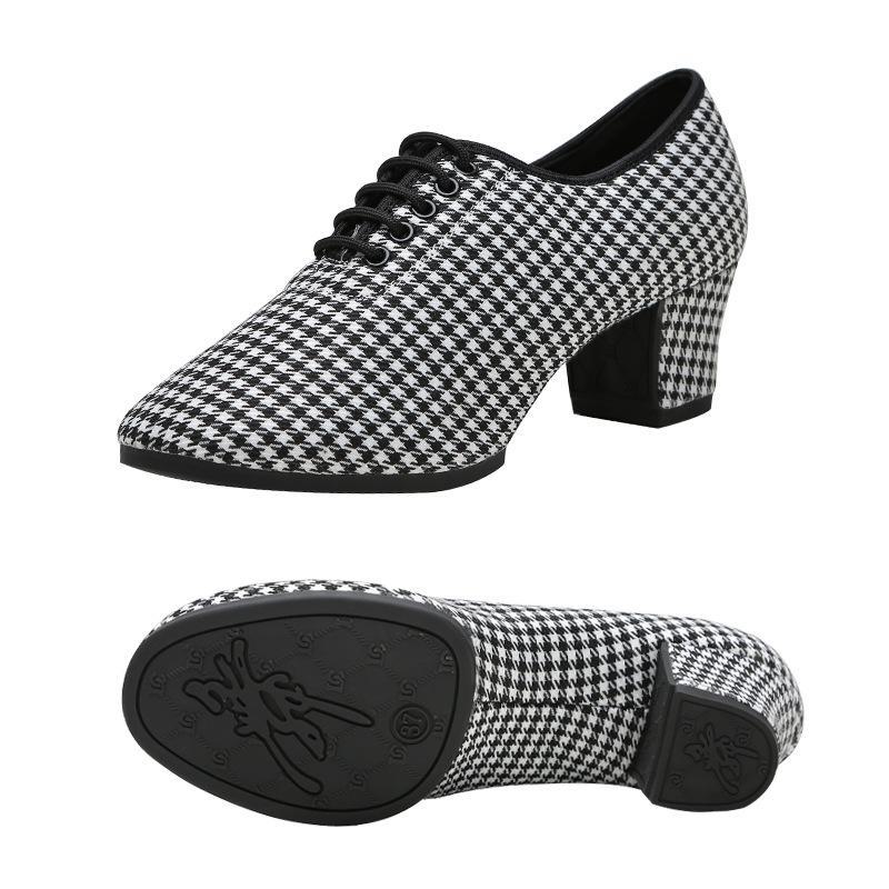 Adult Mid-Heel Soft Sole Dance Shoes: Houndstooth Pattern for Ballroom, Modern, Latin, and Cha-Cha Performances