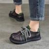 Johnature Flache Retro-Schuhe aus echtem Leder mit runder Spitze, einfarbig, vielseitige Schnür-Damenschuhe