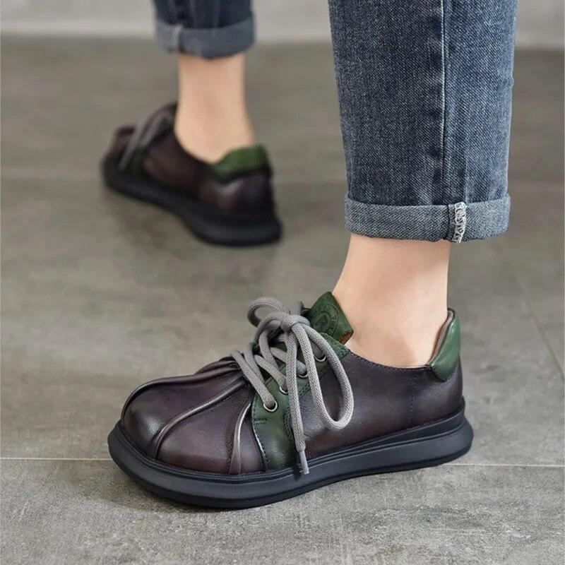 Johnature Flache Retro-Schuhe aus echtem Leder mit runder Spitze, einfarbig, vielseitige Schnür-Damenschuhe