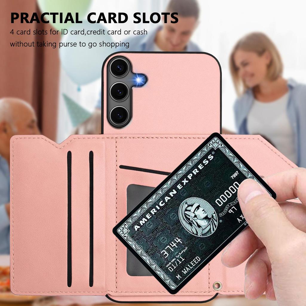 For Samsung Galaxy S25+ Case Card Holder Kickstand Skin-Touch Phone Cover with Wrist Strap