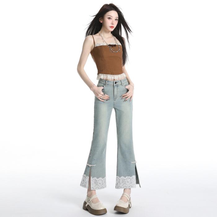 

Lace-Trim High Waist Micro-Flare Jeans for Petite Women - Slim Fit, Flattering, Slit, 8/10 or 9/10 Length Options Extra Large