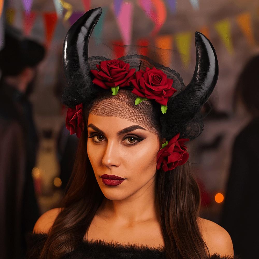 Fashion Sheep Horn Headband Lace Trim Red Rose Headband Halloween Cow Horns Headband  Costume Party