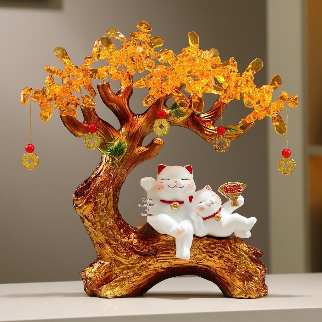 Money Tree: Wealth-Attracting Cat Figurine for Shop or Home, Perfect for Store Opening and Housewarming