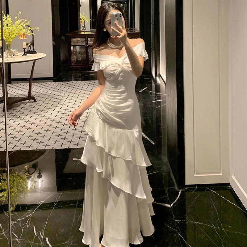 Высококачественное Нишевое Французское Одноплечевое Легко-роскошное Платье Нишевое Платье Высококачественное Темпераментное Платье-рыбка S абрикосовый света