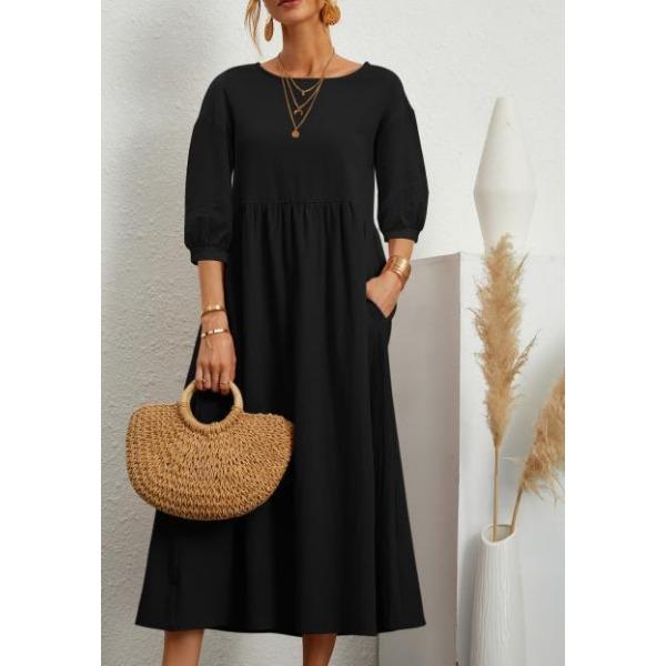 QICED Women's Solid Color Fashion Lantern Sleeve Loose Cotton Linen Pocket Dress