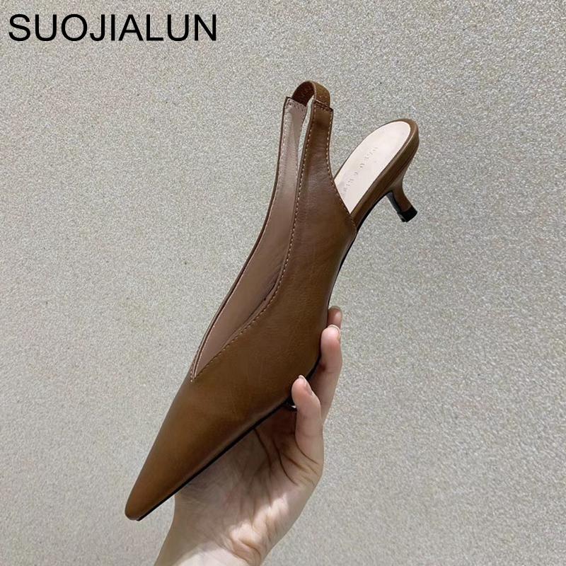 Fashion SUOJIALUN Fashion Brand Sandals Mules Women Shallow Mouth Pointed Toe Shoes Low Heel Slip On Slides Slipper Shoes
