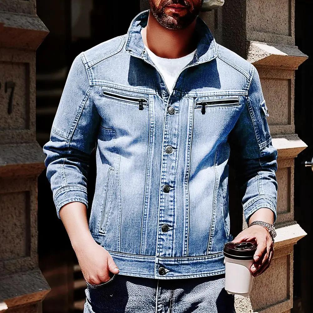 

Men s Solid Color Washed Denim Jacket Long Sleeve Stand Collar Button Down Casual Jacket with Zipper Pockets XL синій