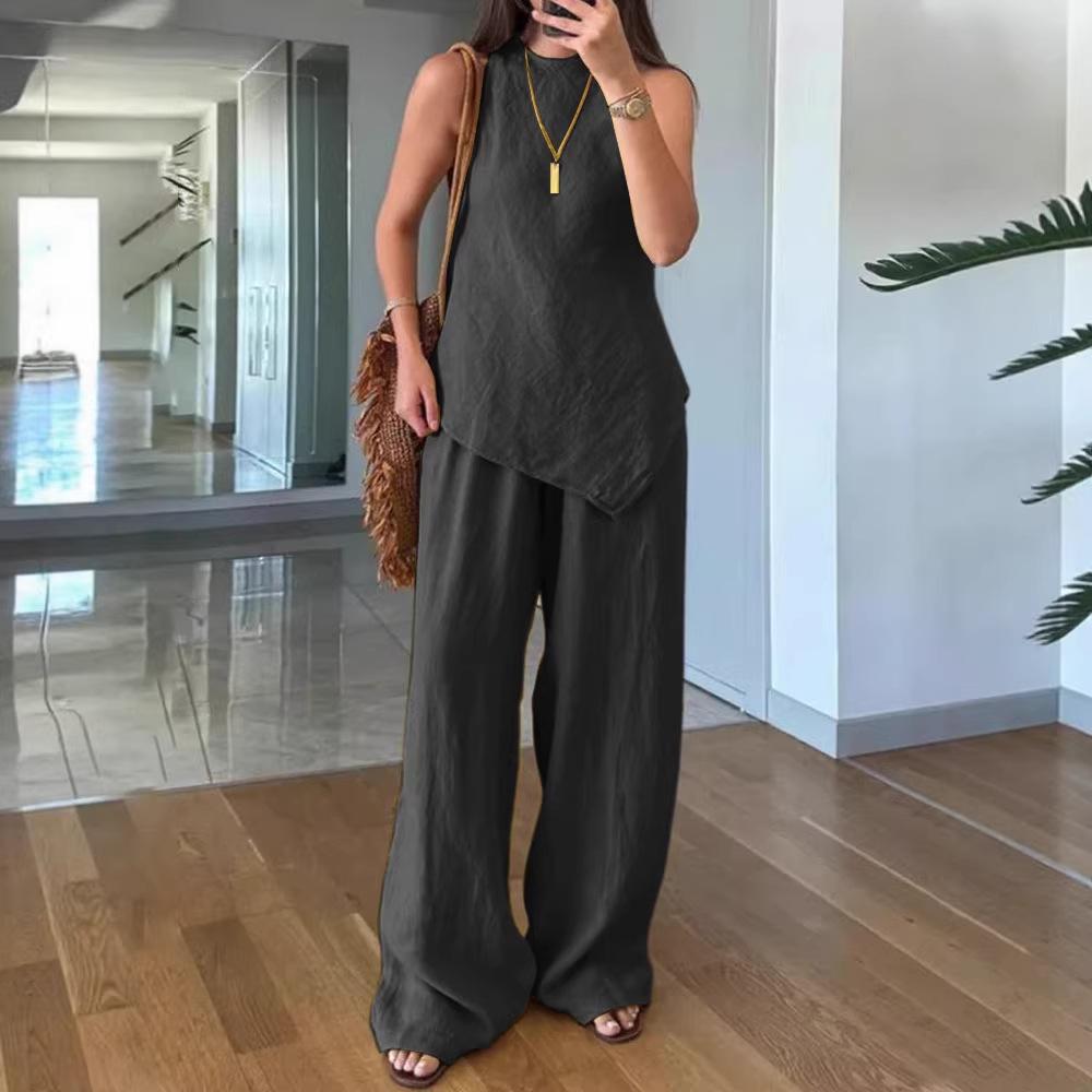 Summer Women s Fashion Two-Piece Set: Round Neck T-shirt & Long Pants S чёрный