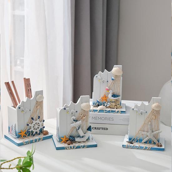Nautical Wooden Pen Holder Handcrafted Mediterranean Theme Makeup Brush Organizer Ocean Beach Pencil Container for Home Office