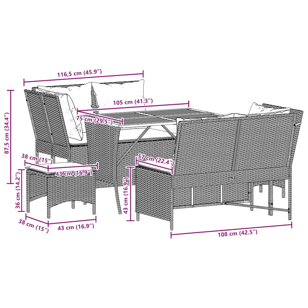 5 Piece Garden Sofa Set with Cushions Black Poly Rattan