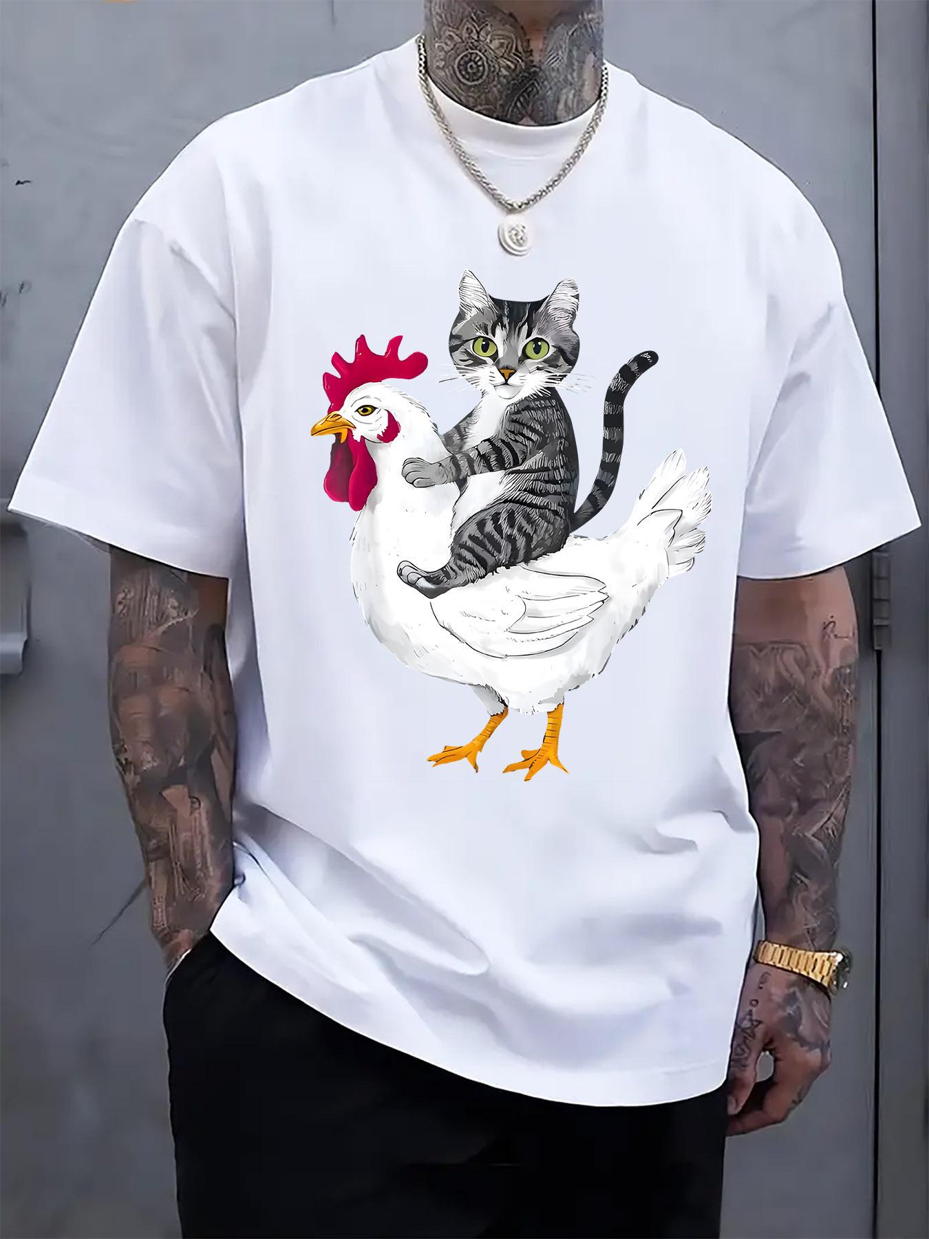 

Whimsical Cat & Rooster Print Short-Sleeve T-shirt - Lightweight Polyester Blend S