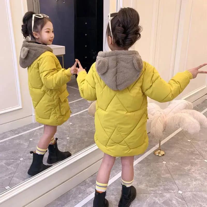 

Верхняя одежда для девочек с капюшоном из плотного бархата, зимние теплые пальто, парки, куртки, симпатичные однотонные пуховики, детская повседневная одежда 120 жёлтый