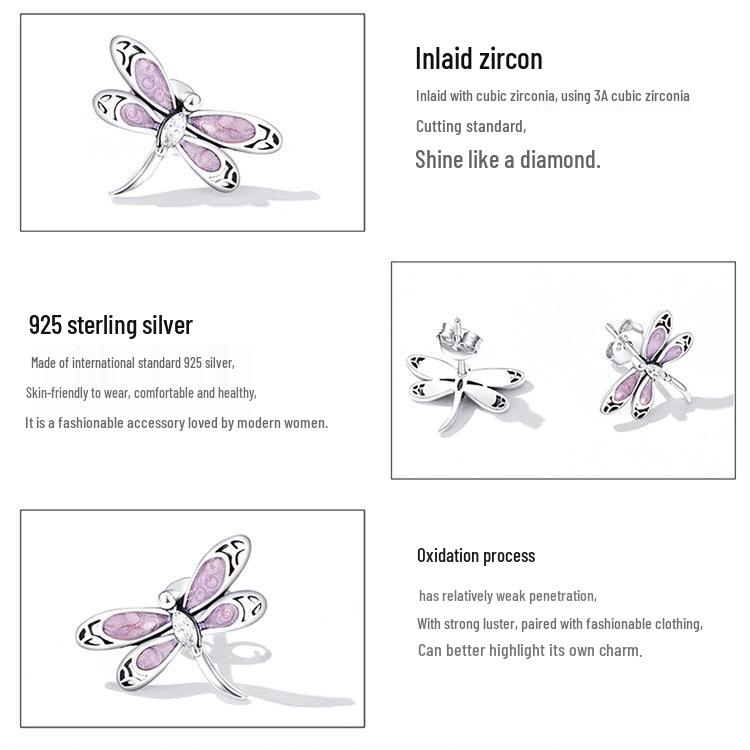 Avle S925 Sterling Silver Dragonfly Earrings with Pink Zircon and Exquisite Hollow Design, SCE1414