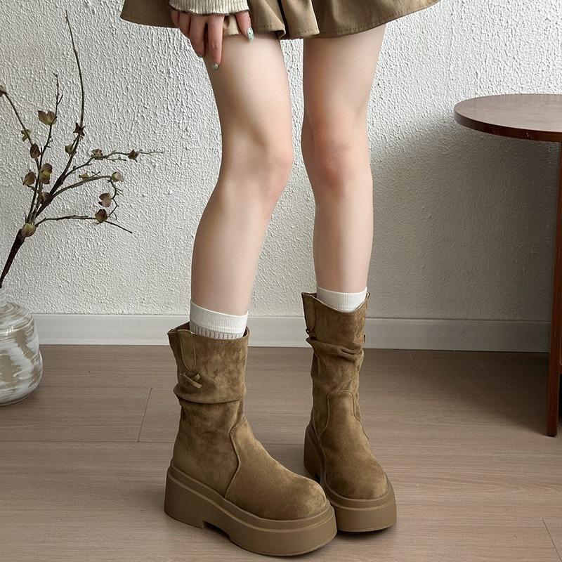 Long boots women's thick-soled small boots suede autumn and winter wasteland heightening and stacking tide fashion boots new style