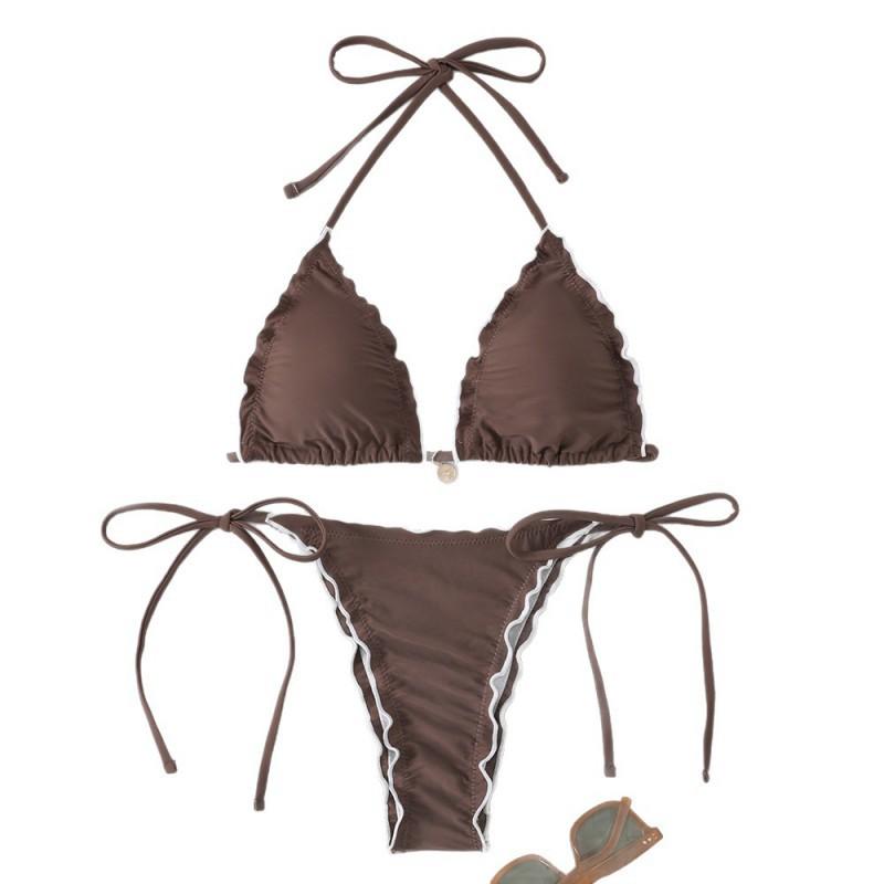 Split Neck Gathered Lace Bikini Swimsuit Women Sexy