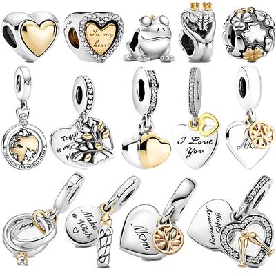 925 Sterling Silver Circular Beaded Golden Heart -Shaped Birthday Candle Charm Fit Bracelet Diy Jewelry Making