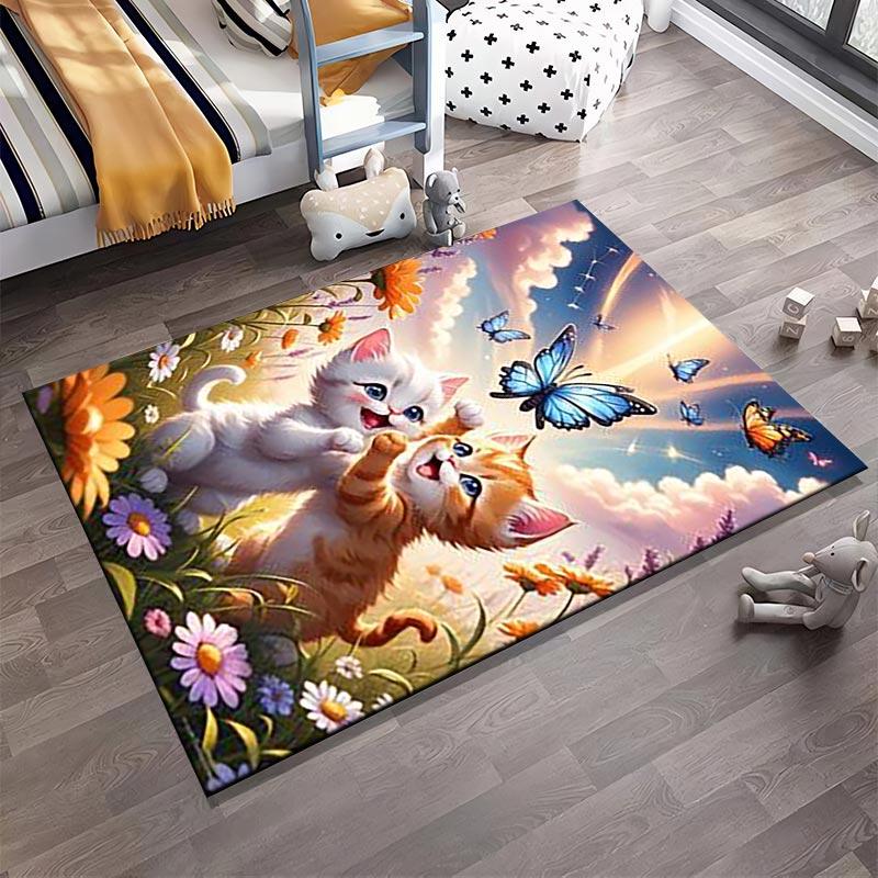 Adorable Cats Playing Amid Flowers and Butterflies Carpet Design Suitable for use as an anti-slip for living room bedroom sofas