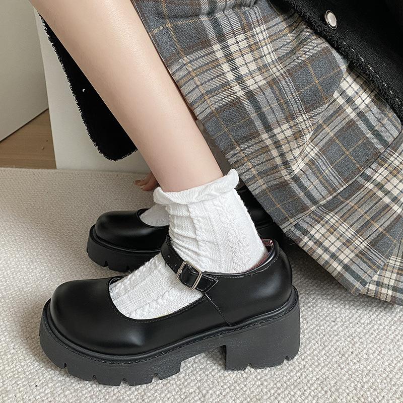 Plateaupumps Mary Jane Schuhe Schlichte Lolita Schwarze Plateau-Heels Studentin College Süß Mittelhochhackige Damen Einzelschuhe