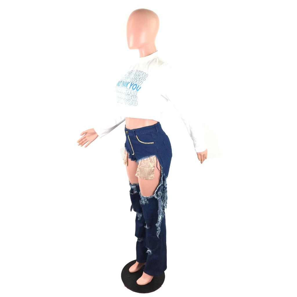 Women's Fashion Ripped Rhinestone Tassel Hip-Lifting Jeans