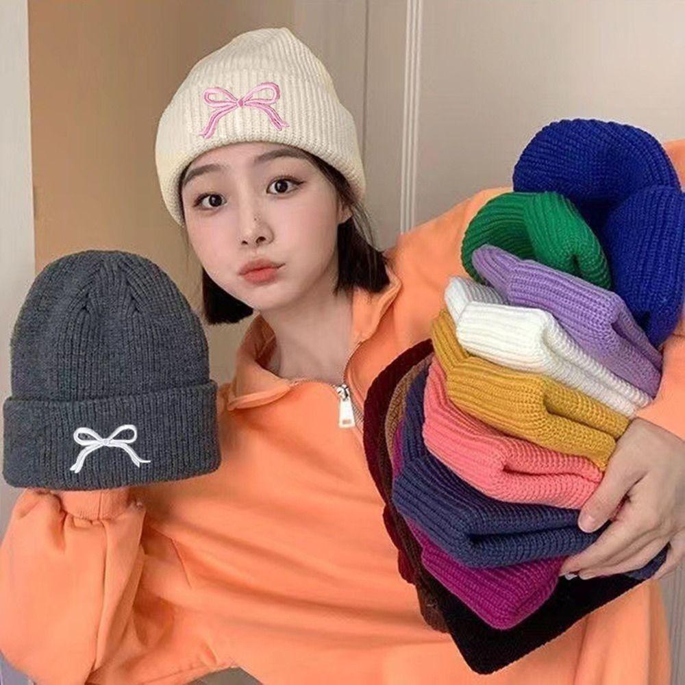 New Design Girls Bow Knitted Hat Korean Style Bow Embroidery Knitted Hat Y2K Beanie Hats  Women