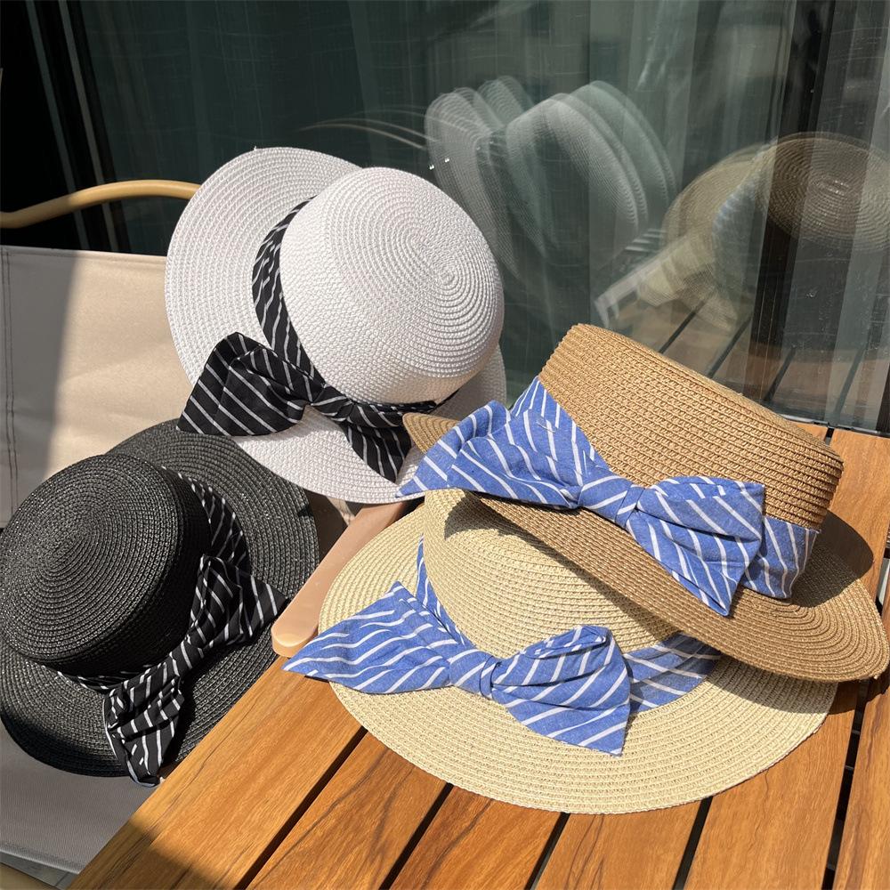 Straw hat woman summer British retro flat top small fresh top hat sunshade sunscreen beach hat travel tide summer