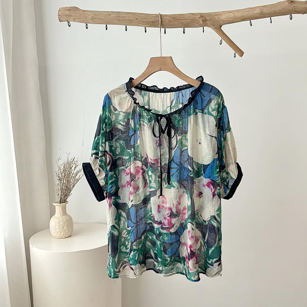 DIMANAF 2025 New Summer Women Linen T-Shirt Flower Short Sleeve Basic Fashion O-Neck Tops Tees Loose Tees