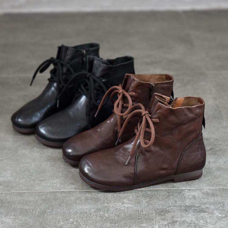 Johnature Bottes courtes plates à bout rond en cuir véritable, chaussures à lacets à semelles souples pour femmes