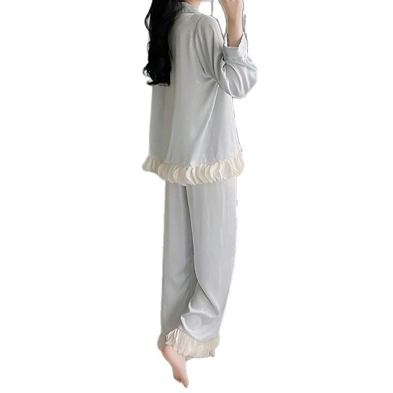 Ice Silk Pajama Set - Women's Long Sleeve & Pants with Lace, Sweet Style, Wearable Outdoors, 2025 Collection