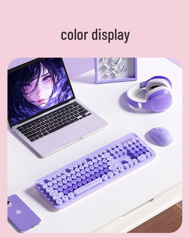 K73 Punk Retro Wireless Keyboard & Mouse Set - Colorful, Quiet, Round Keys for Girls' Office
