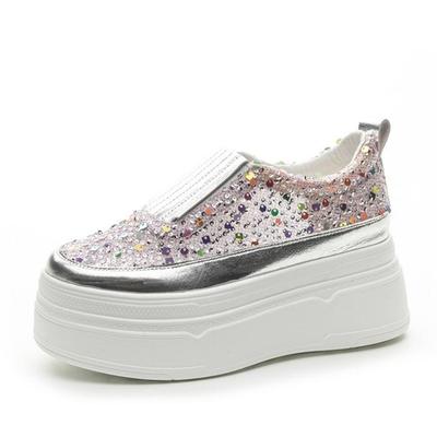 Fashion 8.5CM Spring Mesh Genuine Leather Women Vulcanize Bling Fashion Chunky Sneakers Summer Rhinestone Casual Platform Wedge Shoes