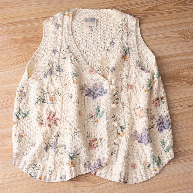 Floral Knitted Sweater Vest Vintage Button Autumn Sleeveless Vest Waistcoat