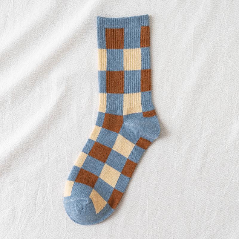 Trendy Coffee Blue Plaid Cotton Mid-Calf Socks, Versatile for Spring/Summer, Korean College Style, Breathable & Sweat-Wicking for Women.
