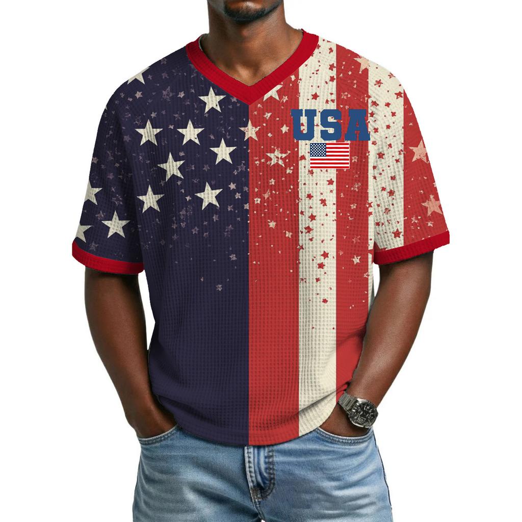 Men's Casual And Fashionable Flag-color Printed Short-sleeved Shirt. Men's Breathable V-neck Short-sleeved Shirt.