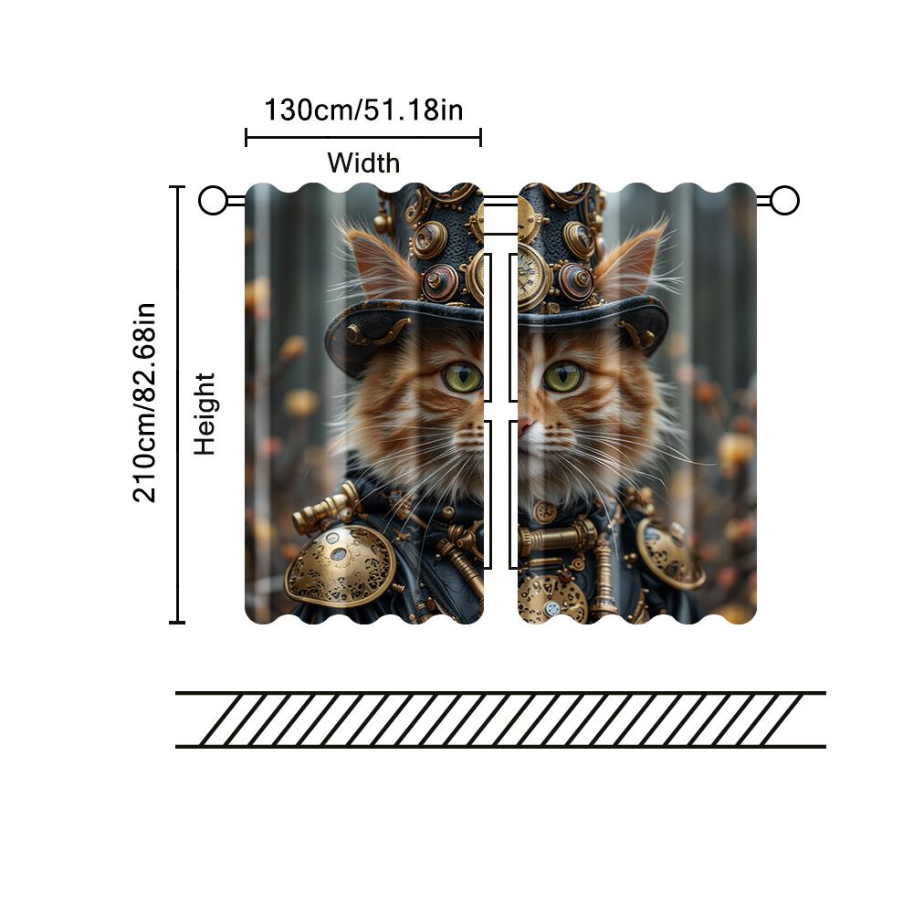 2 Pcs   Filtering Curtains (excluding Rods   Non-movable   Without Batteries) Whimsical Steampunk Kitten for Use In Bedrooms and