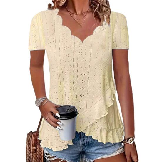 Women Tops V-Neck Short Sleeve Jacquard Decoration Pure Color Loose Fit Pullover Tops Work Party Vacation Casual