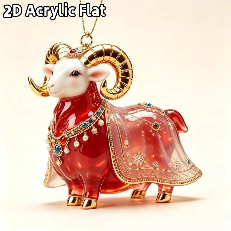 2D Flat Acrylic Christmas Hanging Pendant Red Gold Chinese Zodiac Goat Xmas Tree Ornament New Year Car Pendant