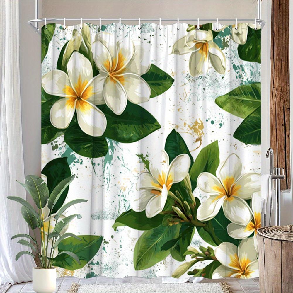 

Flower Shower Curtain White Tropical Blooms With Green Leaves & Gold Splash, Hawaiian Style Bath Curtain For Vibrant Home Decor W60H190(CM)-1 Pcs
