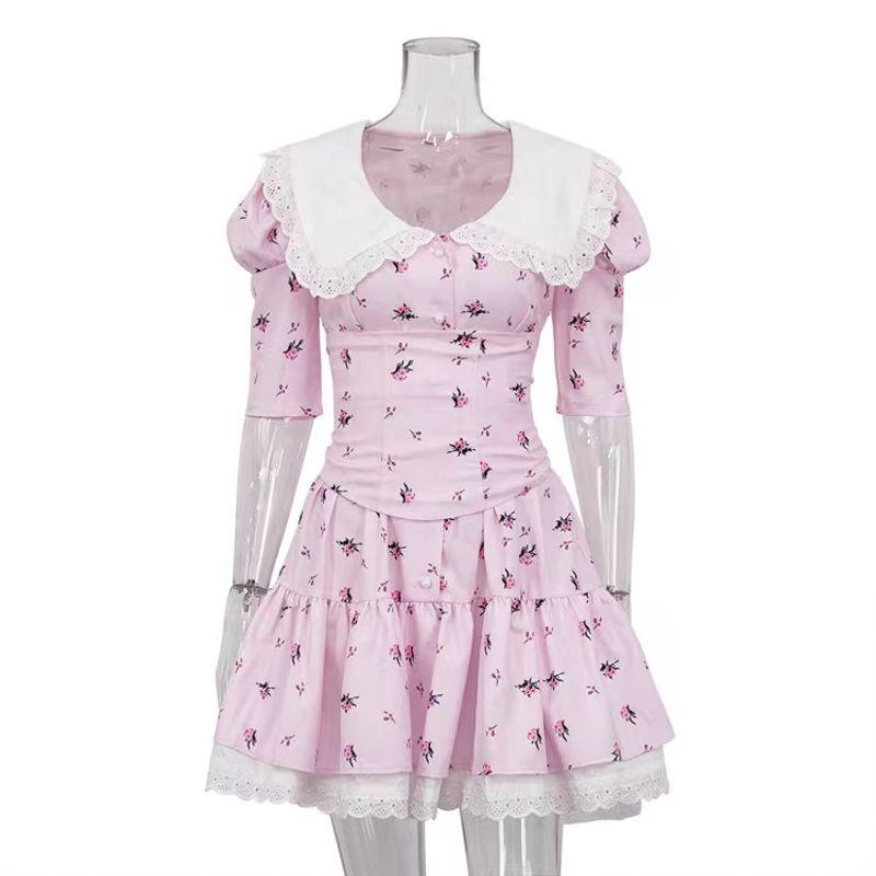 

Fashion Wind Peter Pan Collar Short Sleeve Floral Dress Elegant Cinched Short Dress Doll Neck Floral Dress Pink M