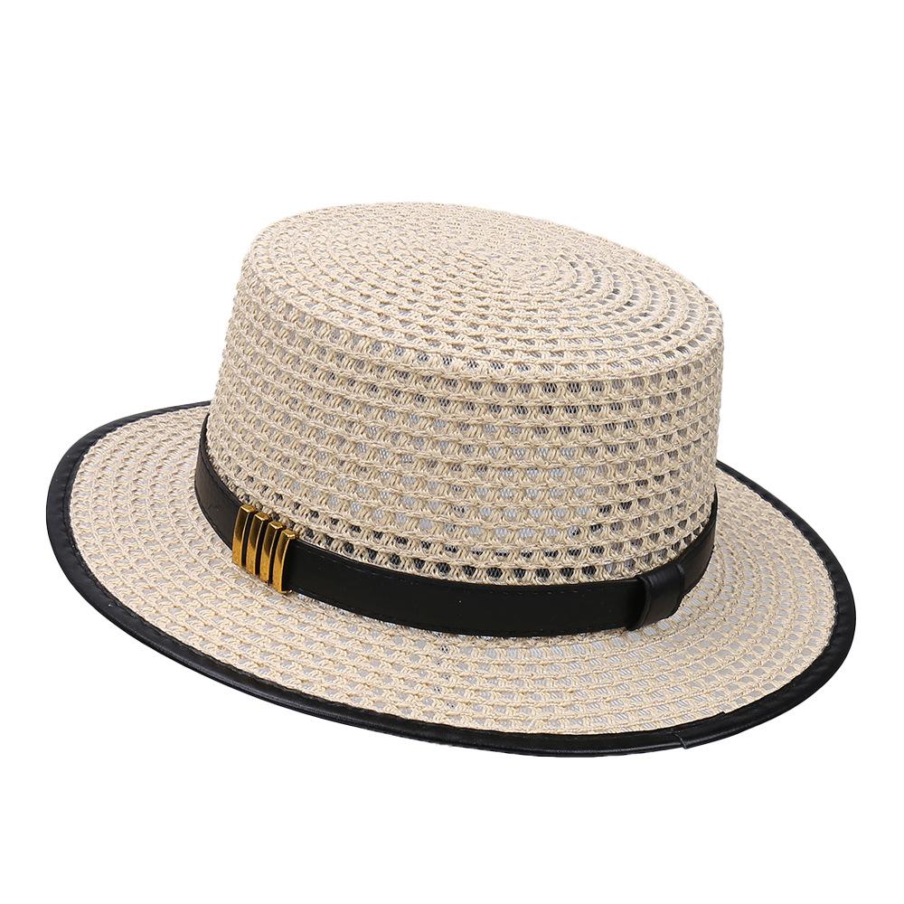 Hepburn Style Flat Top Straw Hat Women's New Sunscreen Sun Hat British Style Straw Woven Flat Edge Hat Summer Sunshade Hat
