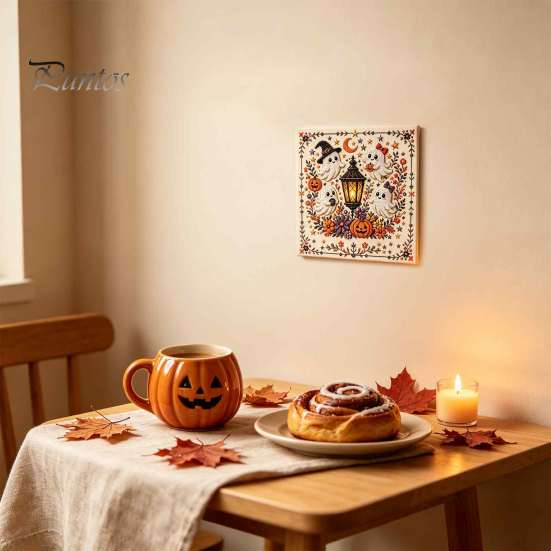 Kompletní balíček pro jehlovou práci Halloweenská výšivka, DIY sada stehů pro dospělé, Roztomilá čarodějnice, Světlý dýně, Duch, Černá kočka Vzor na stěnu