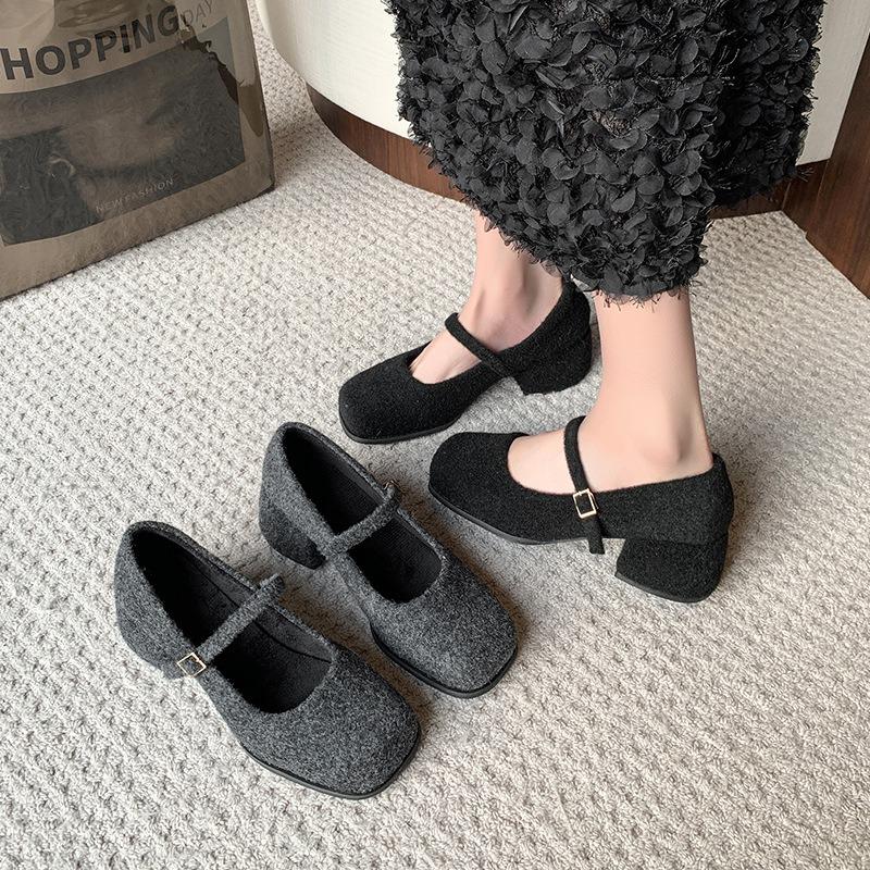 Women's thick heels, high heels, gray Mary Jane single shoes, new square head, fluffy woolen commute