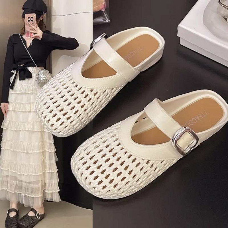 Mary Jane Shoes New Retro Shallow Mouth One Word Versatile Flat Bottom Soft Sole Single Shoes Gentle Women's Sandals